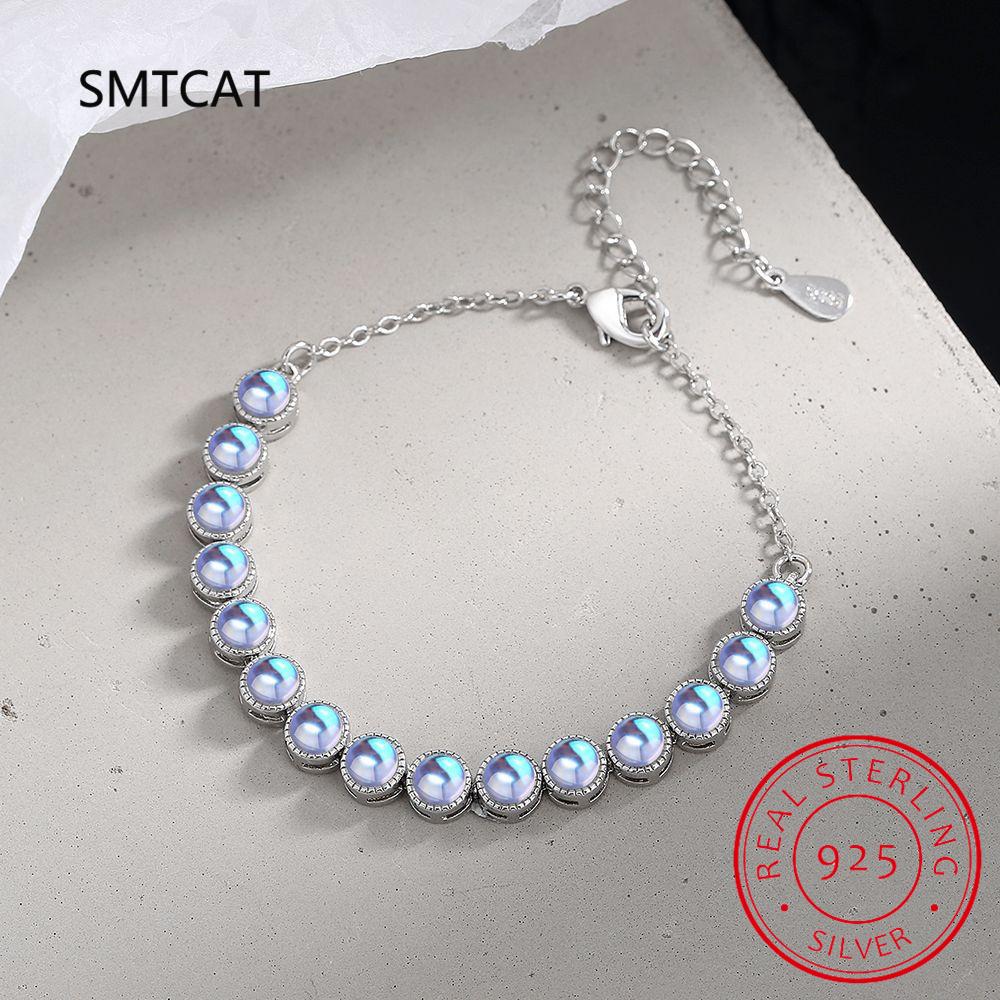 Created Round Blue Opal Stone Bracelets 925 Silver Chain Bracelets for Women Cubic Zirconia Fine Jewelry