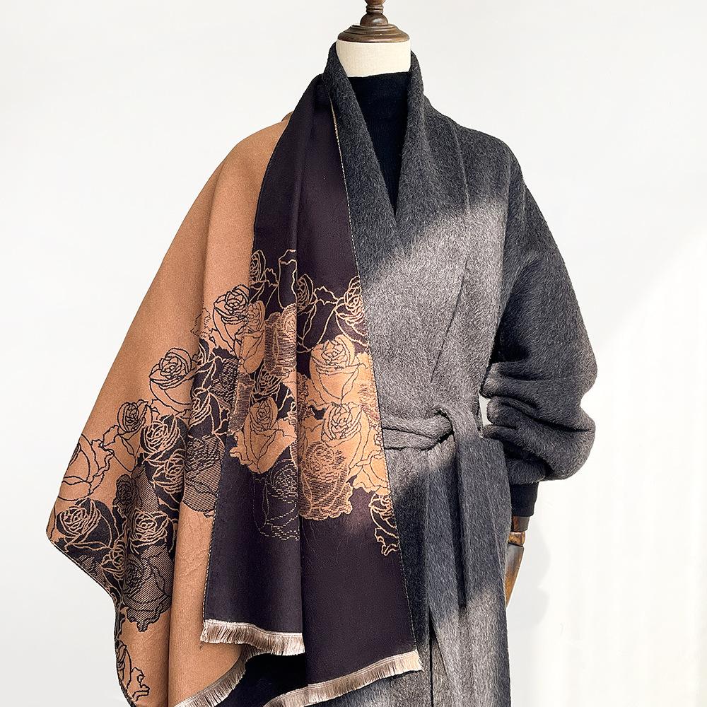 New camellia jacquard imitation cashmere scarf female tassel high-end red shawl gift scarf