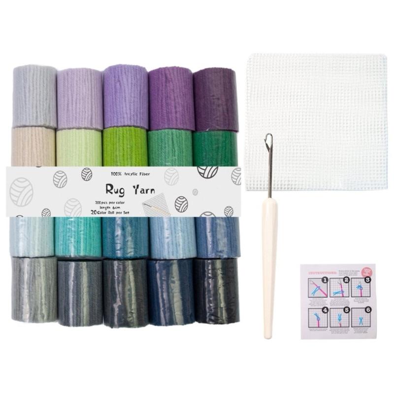 20 Color Acrylic Yarn Set With Latching Hook Crochet Needle Mesh Fabric For Beginner Carpet Making Embroidery Craft