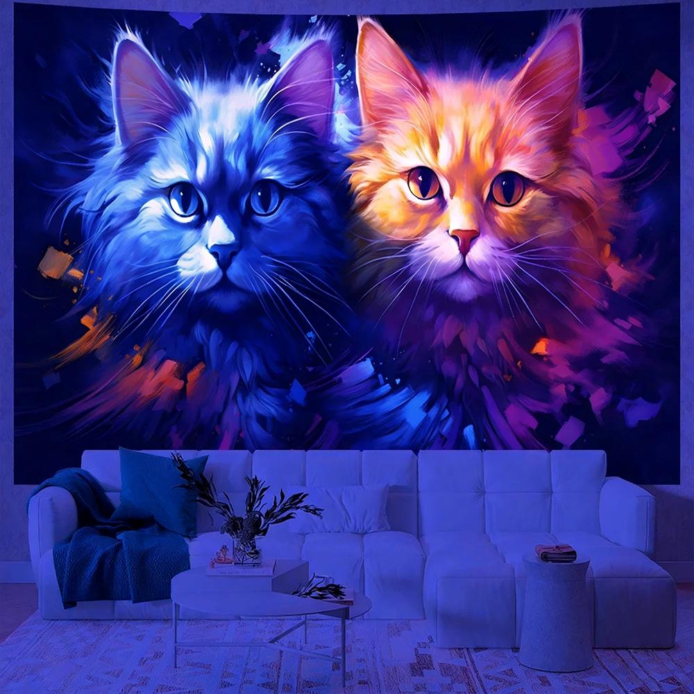 Glowing Cat Themed Tapestries Uv Reaction Tapestry Background Decoration Wall Hanging Bedroom Party Decoration