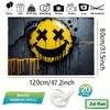 A 2D graffiti banner with flat black X-shaped eyes and a yellow smiling face XY