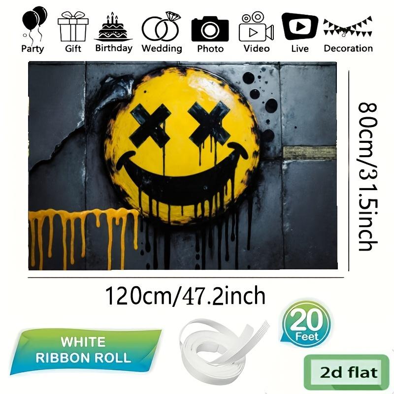A 2D graffiti banner with flat black X-shaped eyes and a yellow smiling face XY