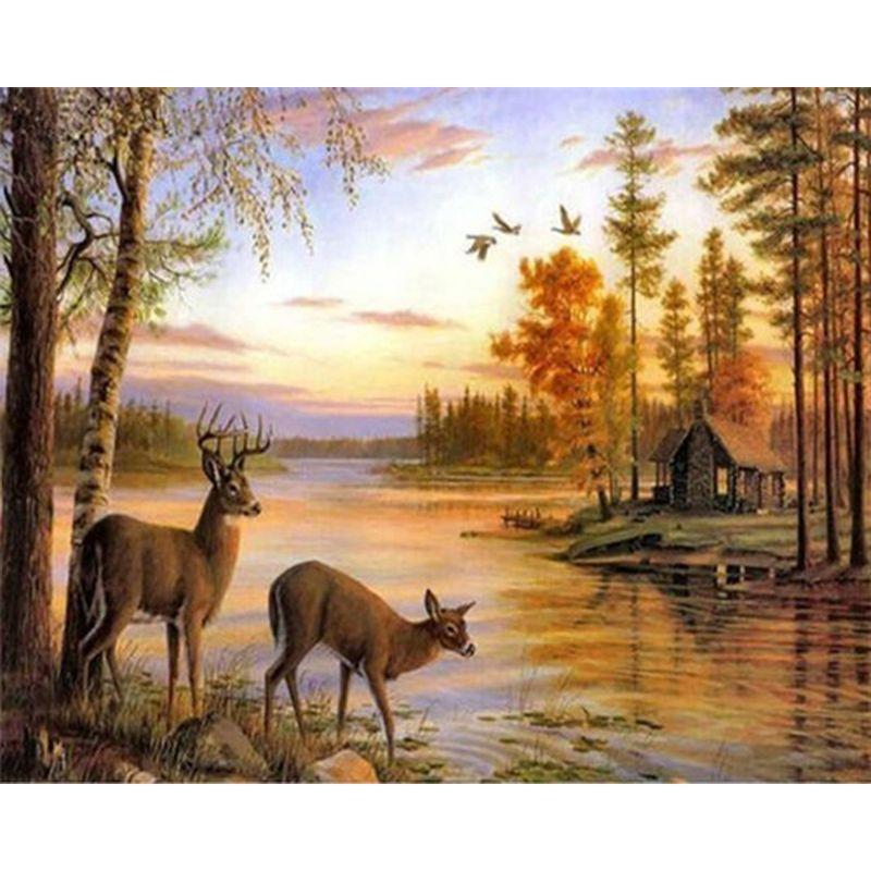 Deer Animal Diamond Mosaic Full Round Diamond Painting Embroidery Forest Landscape Needlework Home Decor