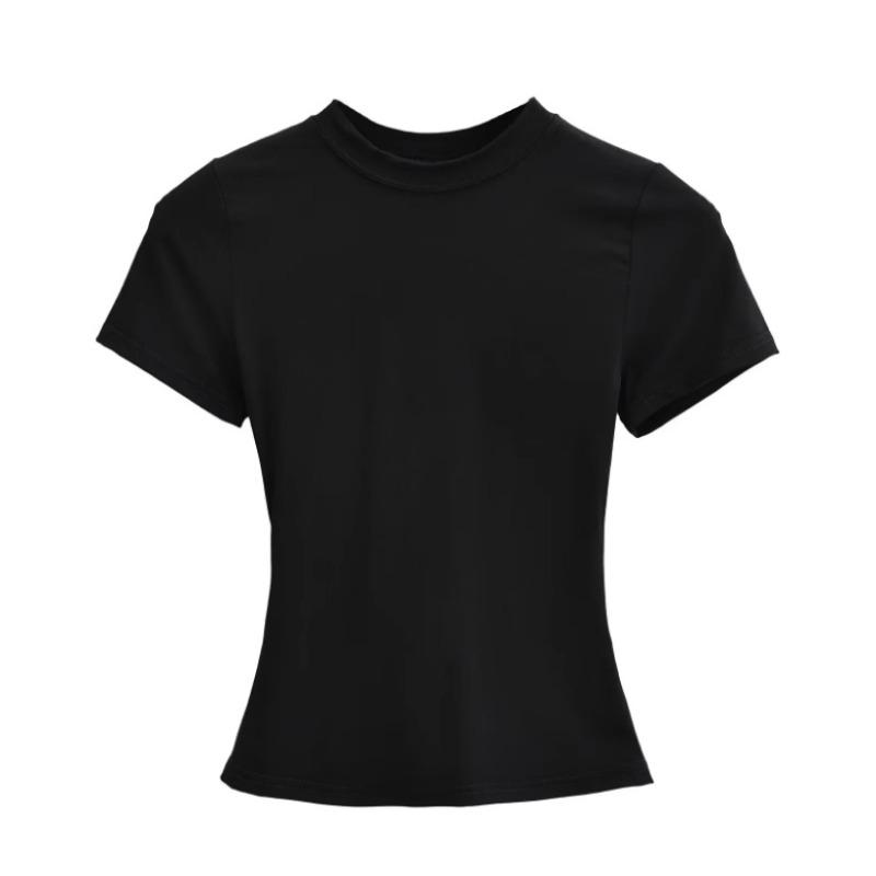 Amoi Women's Solid Color Kardashian Crew Neck Slim-Fit Short Bottom Shirt Basic Short Sleeve Shirt