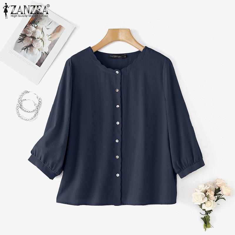 ZANZEA Women Casual Round Neck Summer 3/4 Sleeve Cotton Blouse