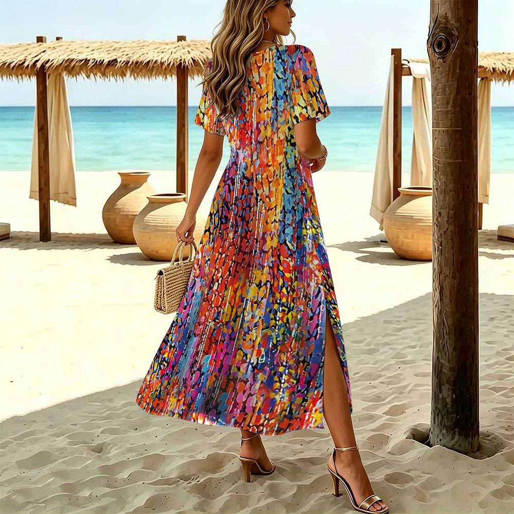 Women Fashion Round Neck Vintage Pattern Printed Short Sleeve Side Slit Dress Casual Vacation Dress Long Loose Dress