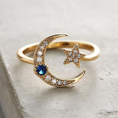 Luxuriöser Damenring mit offener Stern- und Mondschnalle und Zirkonia, geeignet für den täglichen Party-Modeschmuck