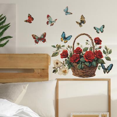 Kreativer handbemalter Rosenkorb und Schmetterling Wandaufkleber für Schlafzimmer Wohnzimmer Hintergrund Selbstklebend Abnehmbar Heimdeko