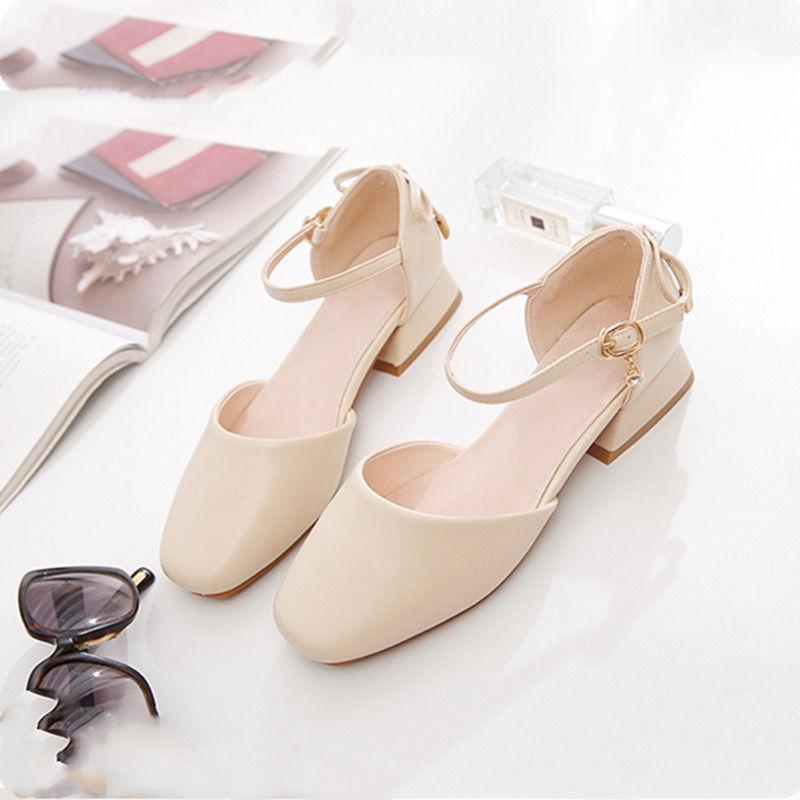 Close Toe Sandals Woman ,Square Toe Low Heels , New Soft Work Shoes ,Ankle Buckle Strap ,Back Zipp ,Apricot ,Beige ,Dropshipping