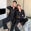 Elegant Silk Couple Pajamas Set: Women's Spring/Summer Long Sleeve & Pants in Red Wedding Design, Plus Size Men's Homewear.