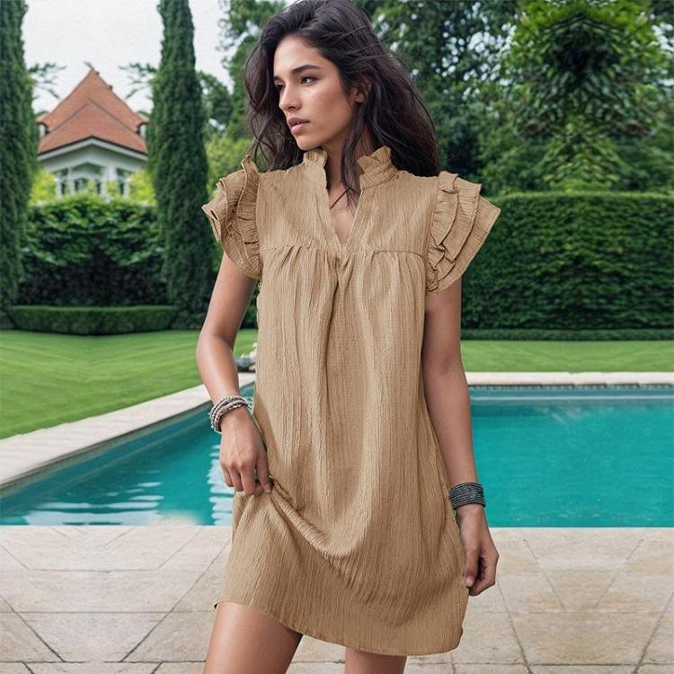 Summer Women Loose Dress Solid Color Standing Collar Lotus Leaf Sleeve Elegant Casual