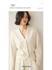 Women's V-Neck Cashmere Cardigan with Shell Buttons - Waist-Cinching, Long-Sleeve Knit Sweater