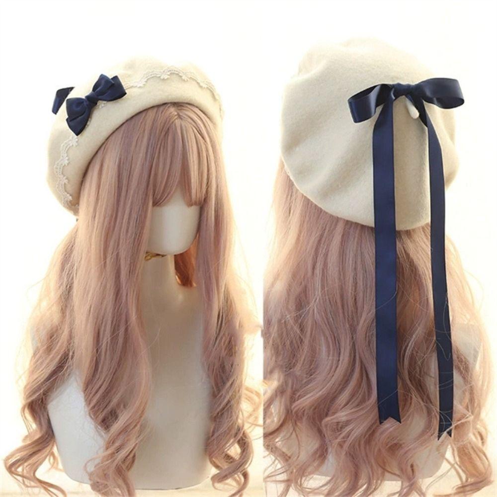Fashion Lolita Japanese Style Beret Hat Woolen Handmade Winter Berets Hat Sweet Lacebow Bow Beret Winter Season