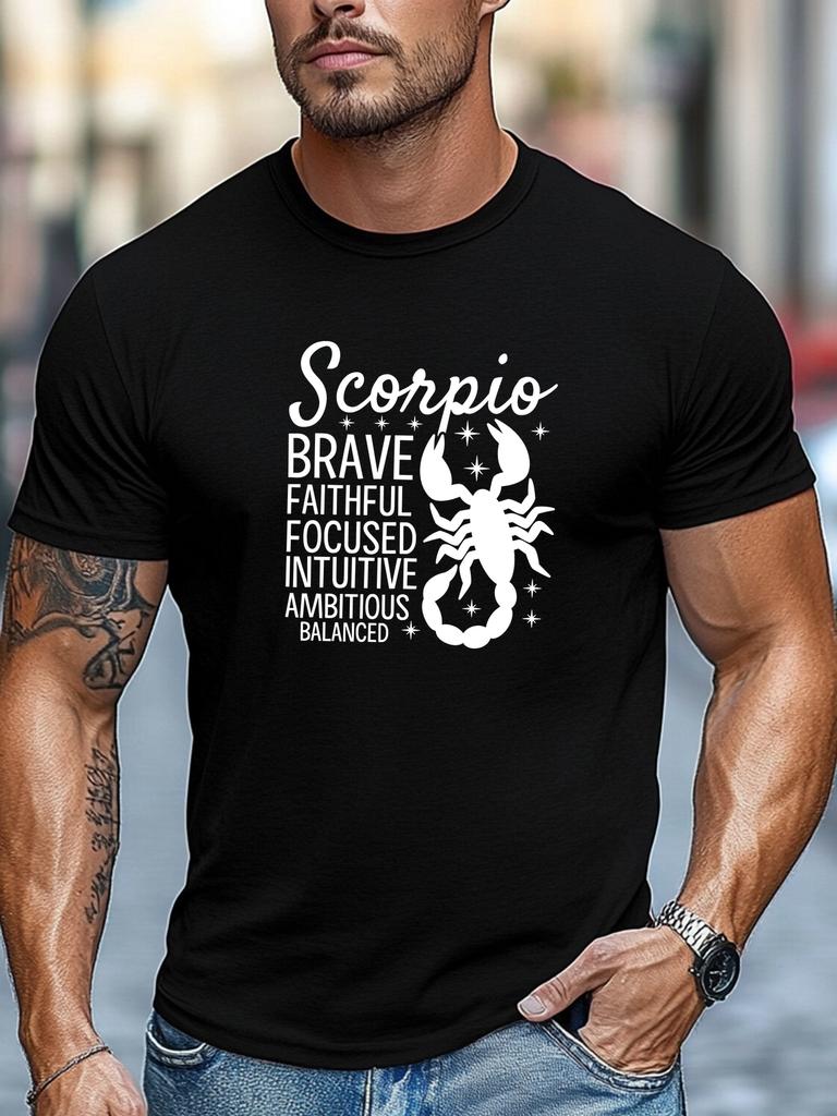 Plus-size Men's T-shirt, Comfortable and Versatile, Relaxed and Casual, Men's Scorpio Brave and Loyal Traits Graphic Summer Casual Crew Neck Short Sle