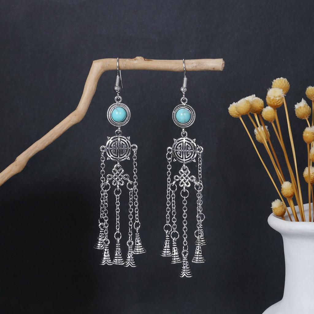 Retro Round Hollow Ethnic Style Earrings, Bohemian Style Tourist Attractions, Turquoise Fringed Earrings For Women