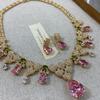 French Light Luxury Pink Zircon Flower Leaf Water Drop Zircon Necklace Earrings Set Heavy Industry Collarbone Chain