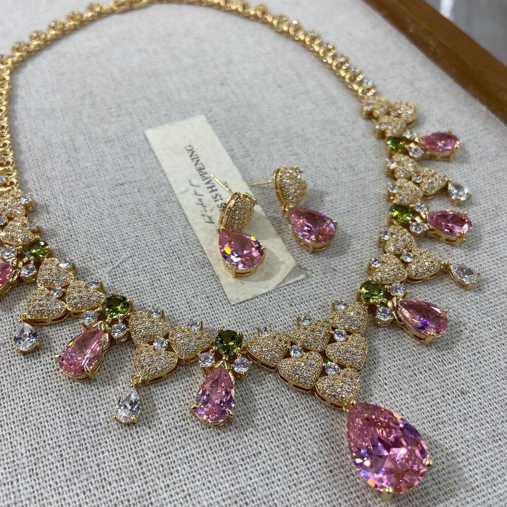 French Light Luxury Pink Zircon Flower Leaf Water Drop Zircon Necklace Earrings Set Heavy Industry Collarbone Chain