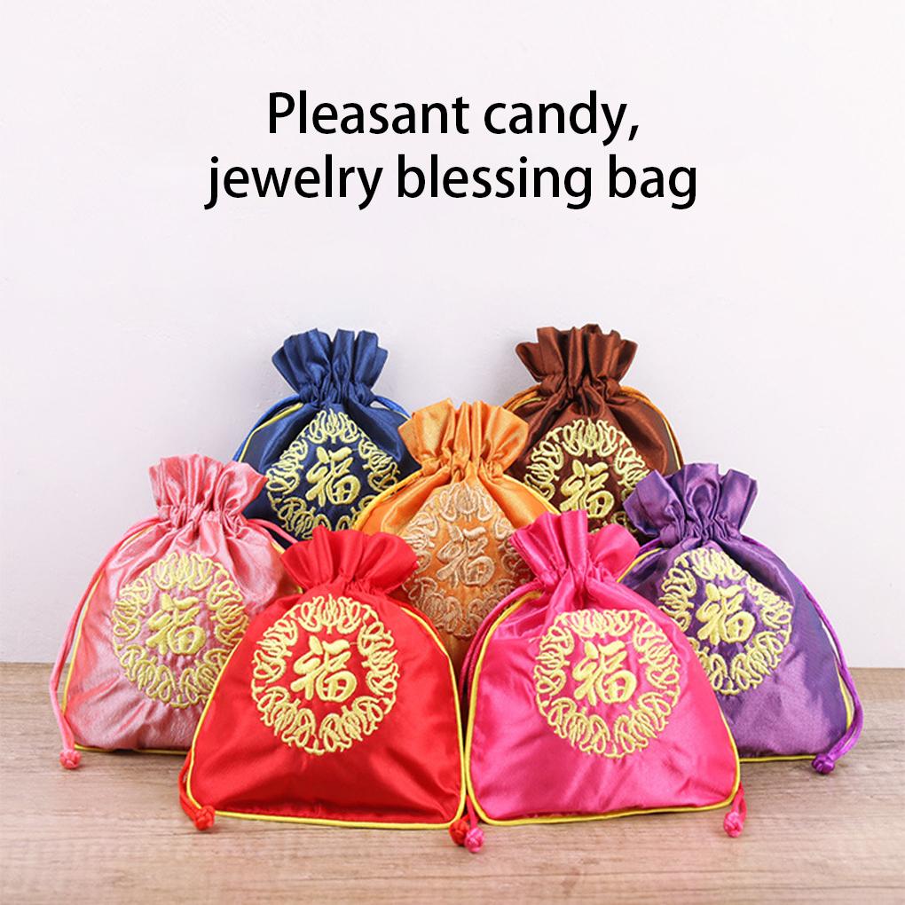 Drawstrings Bag Fu Word Embroidered Multipurpose Elegant Portable Gift Bags Artsy Pouches Wedding Christmas Household