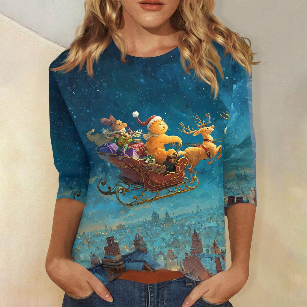 3/4 Sleeve Shirts For Women Print Christmas Tees Blouses Casual Plus Size Basic Tops Pullover