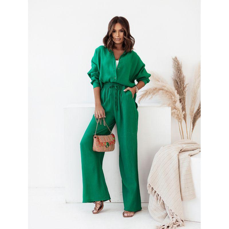 

Women Long Sleeve Shirt Pants Set European and American Long sleeve Shirts Pants set Women Fashion Green XL