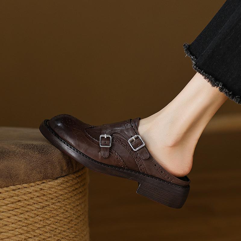 Fashion 2025 New Genuine Leather Retro Loafers Woman Sandal Round Toe Slip-on Casual Shoes Spring Summer Shoes Outdoors Walk Shoes Woman