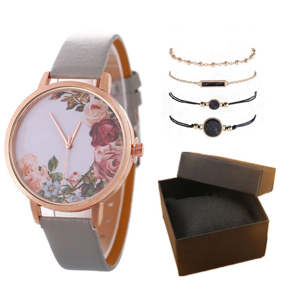 Stylish And Simple Rose Face Leather Belt Watch Female Pu Belt Quartz Lady Watch Watch Bracelet Set Female