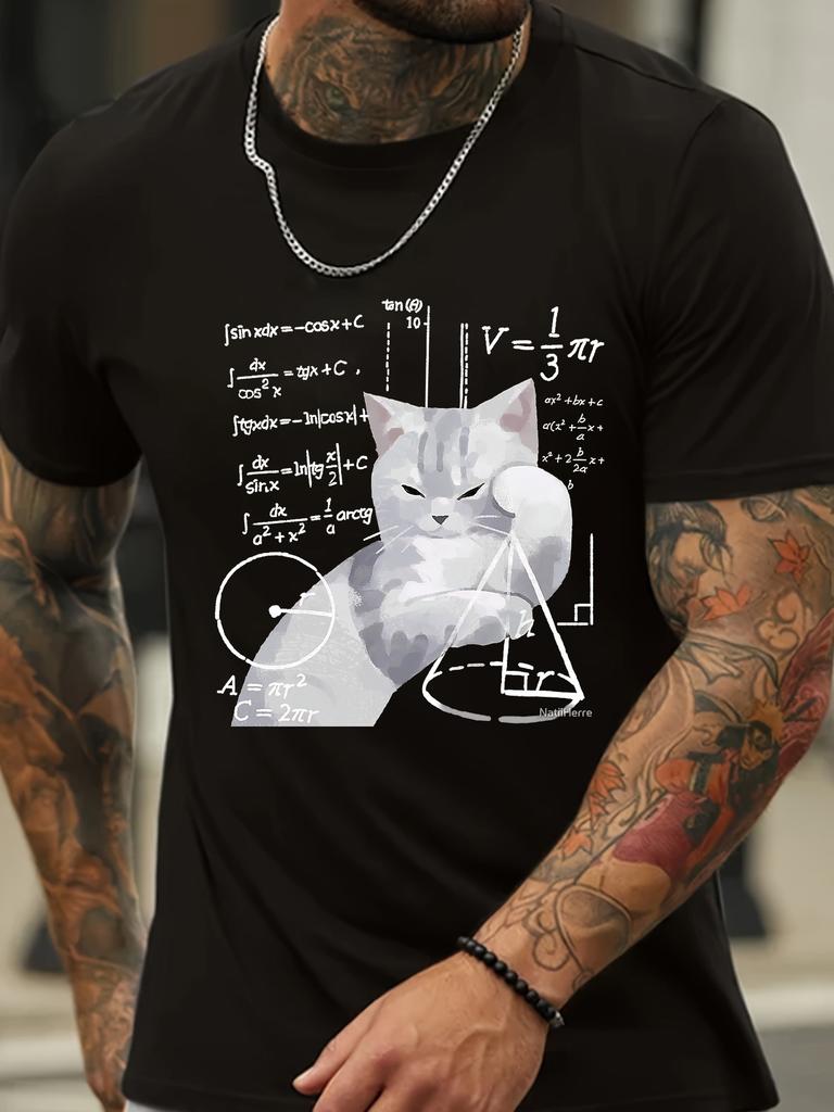 Men's Fun Science Cat Printed Black Round Neck Short Sleeve Lightweight and Breathable Fitness and Leisure Sports Summer T-shirt