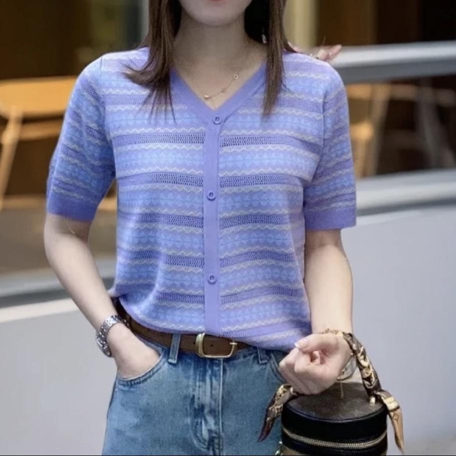 Loose Fit Summer Ice Silk Striped Knit T-Shirt for Women [80-160 Jin], Korean Style Short-Sleeve Cardigan.