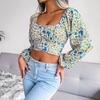 Floral Chiffon Crop Blouse Square Neck Lantern Sleeve Bow Resort Top Spring Summer Sizes S to XL