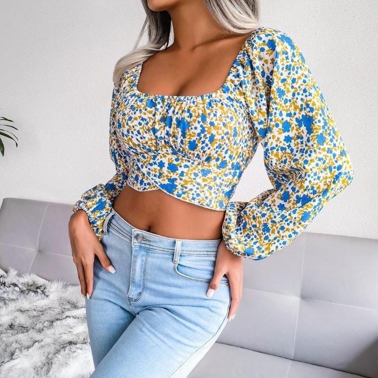 Floral Chiffon Crop Blouse Square Neck Lantern Sleeve Bow Resort Top Spring Summer Sizes S to XL