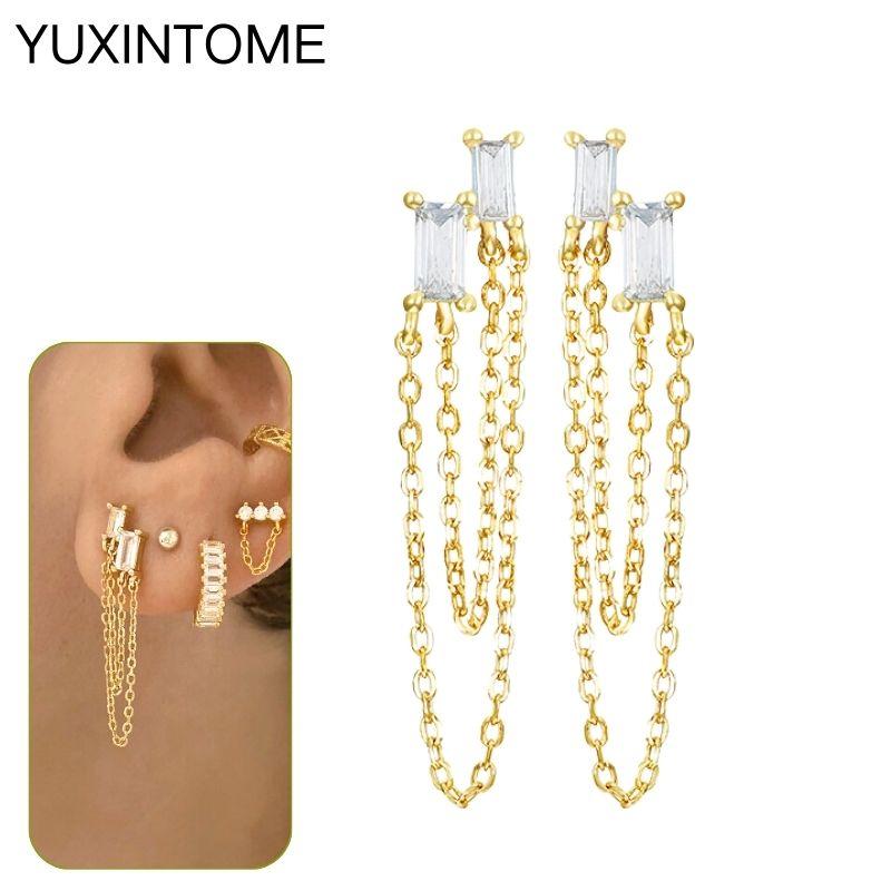 925 Silbernadel Exquisite Weiße Zirkon Steckerohrringe für Damen Geometrische Lange Kette Quaste Ohrringe Luxuriöser Schmuck
