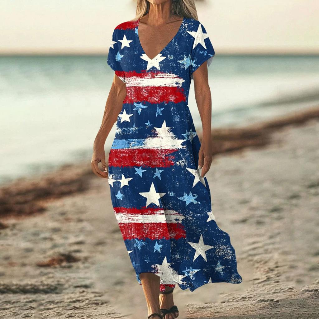 Women’s V Neck Short Sleeve Maxi Dress with Abstract Tie Dye Print Loose Fit Summer Beachwear for Casual Daily Wear