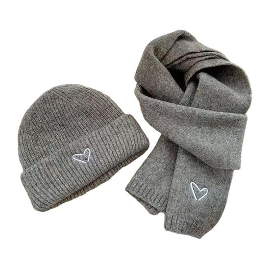 2Pcs/Set Knitted Hat Scarf Set Heart Embroidery Pattern Kids Brimless Hat Long Scarf Set Soft Breathable Winter Accessory
