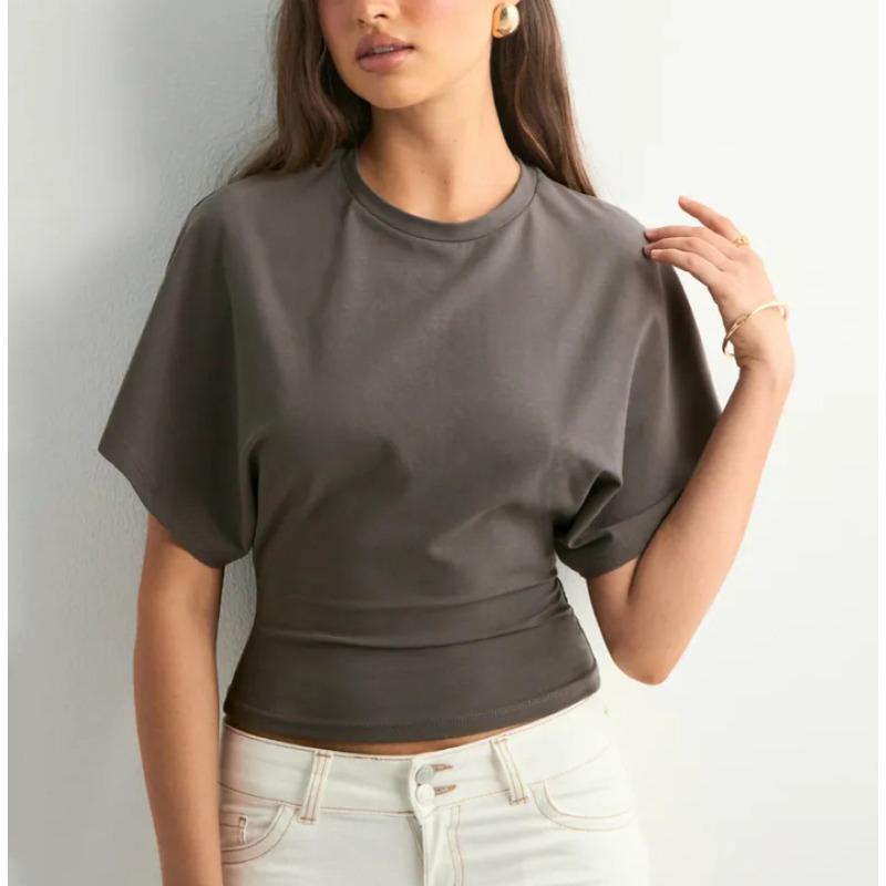 Women's Solid Color Crew Neck Batwing Short Sleeve Cropped T Shirt Casual Loose Fit Basic Blouse Top