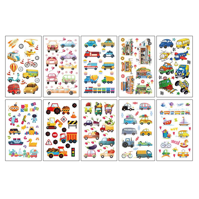 10Sheets/Set Kids Cute Cartoon Tattoo Stickers Transport Engineering Vehicle Cars Fake Temporary Tattoo Boys Gift