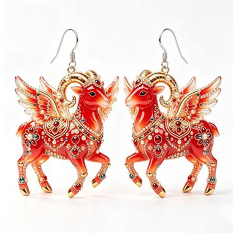 Acryl Chinesisches Tierkreiszeichen Ziege Hängender Ohrring Glücksbringendes Rotes Gold Design Für Frühlingsfest Neujahr Schmuck Geschenk