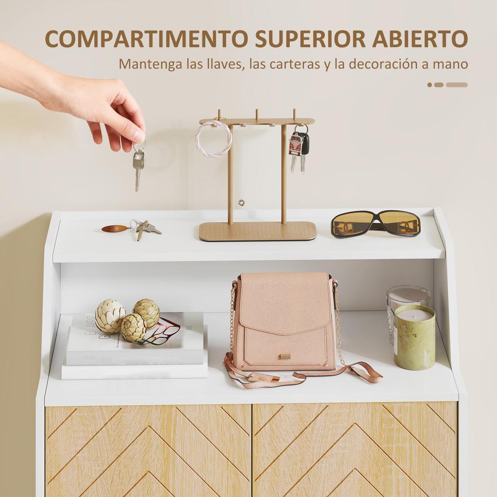 Entrance Shoe Cabinet With 2 Doors Adjustable Shelves And Open Compartment 75x35x104 Cm White And Natural