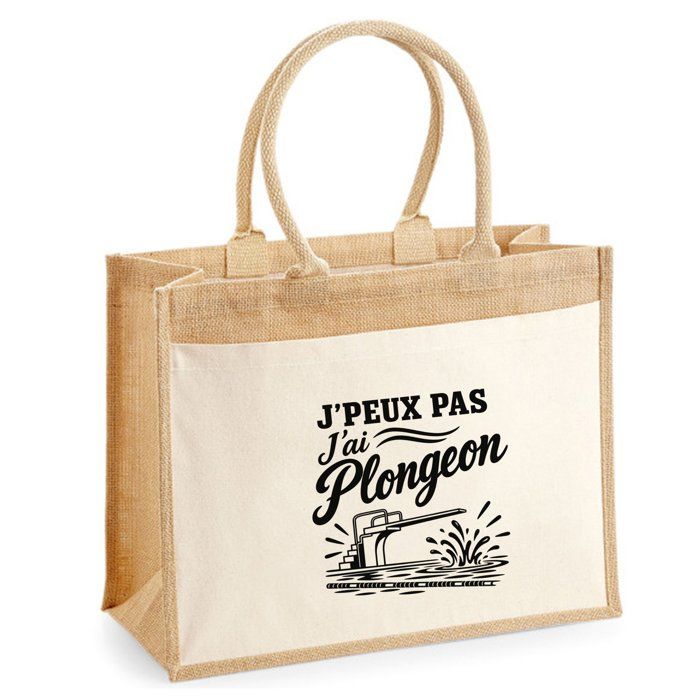 Sac Cabas Jute avec Poche J’peux pas j’ai Plongeon J'peux pas minimaliste | Toile de Jute et Coton 21 L Fond Plat Anses 65 cm