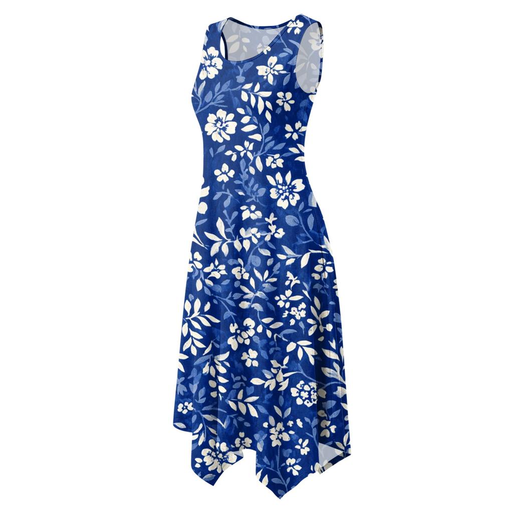Women Sleeveless Casual Floral Print Dress Round Neck Irregular Hem Mid Length Summer Dress