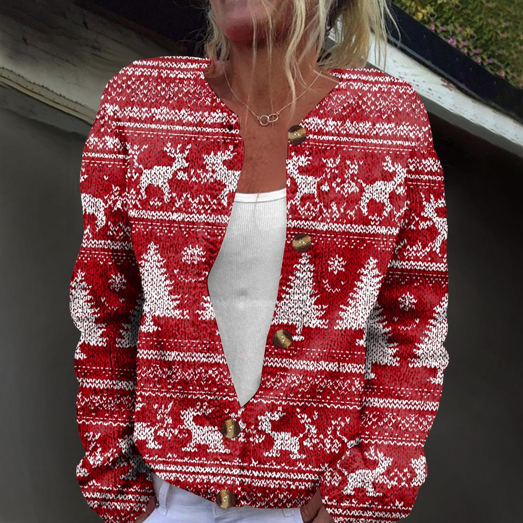 Women's Fashion Christmas Print Long Sleeve Knitted Cardigan Button Jacket