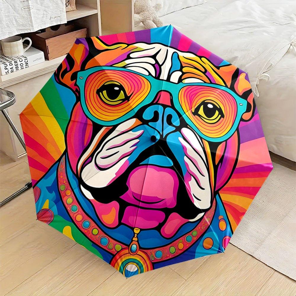 

This Compact Umbrella Showcases a Lively Abstract Design of a Bulldog Adorned with Bright Glasses And a Stylish Collar. Perfec (as the picture,Iron&8K)