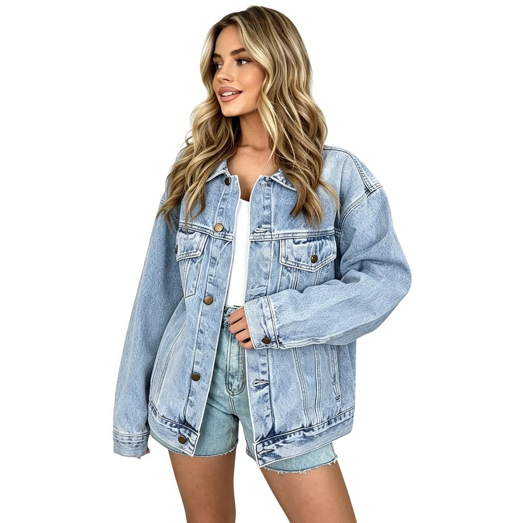 Women's Oversized Denim Jacket Button Down Boyfriend Jean Jacket with Chest Pockets