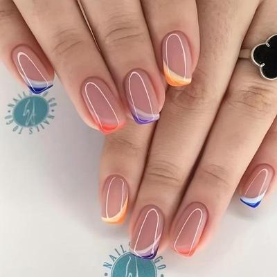 24PCS Press On Nails Colorful French Wear Nails Short Sweet And Cool Nail Pieces Fake Finger Nail Pieces Nail Stickers With