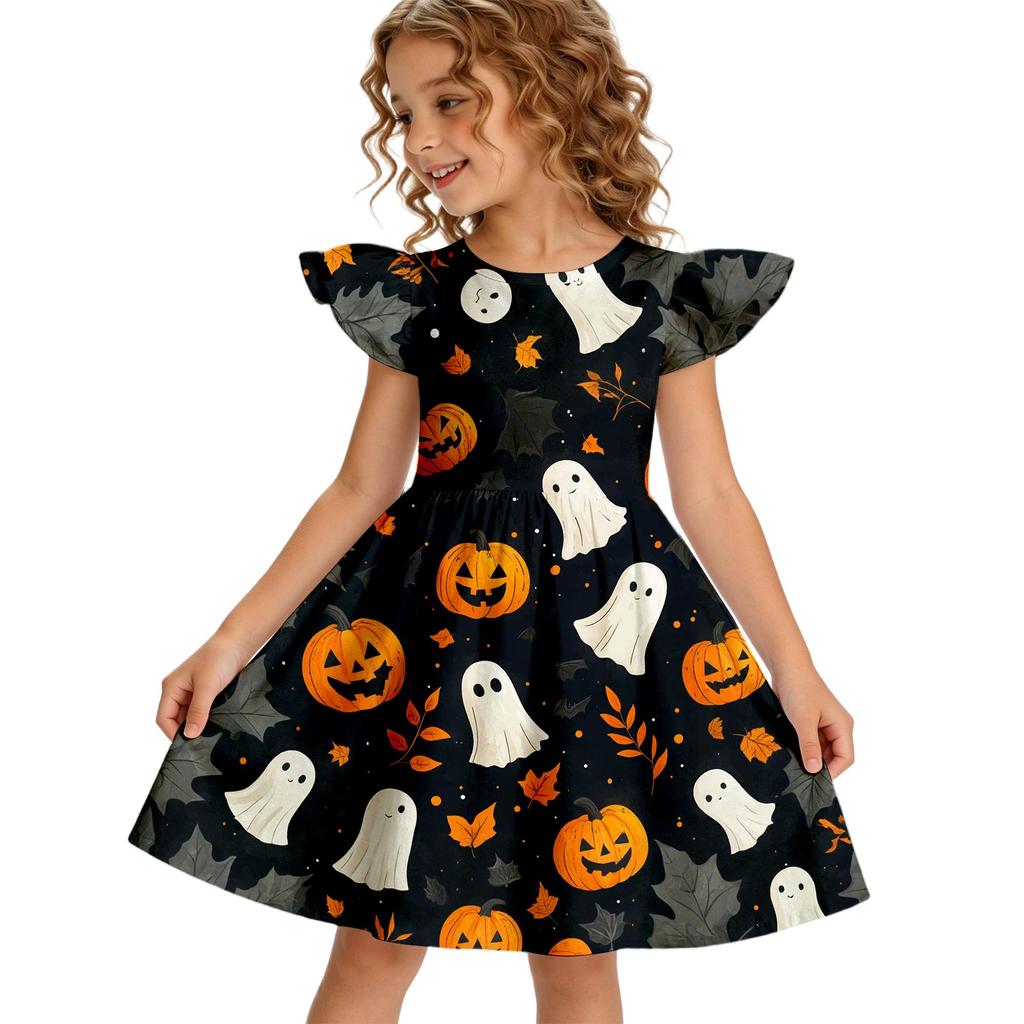 Girls Halloween Casual Dress Round Neck Ruffle Sleeve A-Line Dress Soft Comfortable Fabric Suitable for Daily Wear and Parties