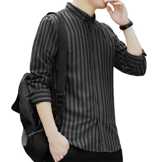 Men Shirt Formal Single-breasted Stripe Turn-down Collar Business Shirt for Work