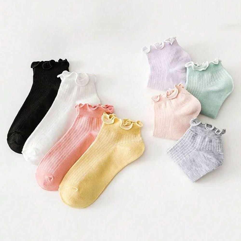 8 Pairs Women Colorful Short Socks Fashionable Versatile The Pleated Details Are Casual Soft Comfortable Breathable Socks