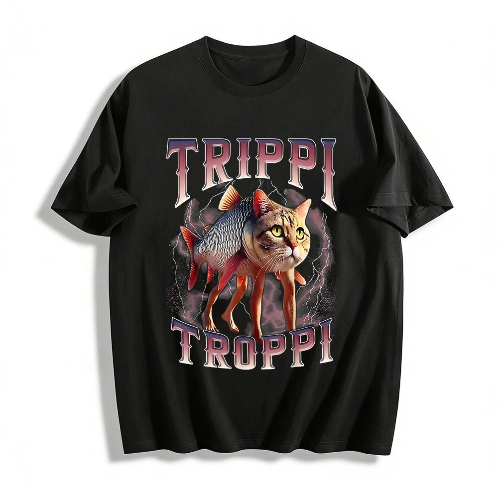 Weird Half Cat Half Fish Print Casual Short Sleeve Tee Pure cotton T-shirt XXS