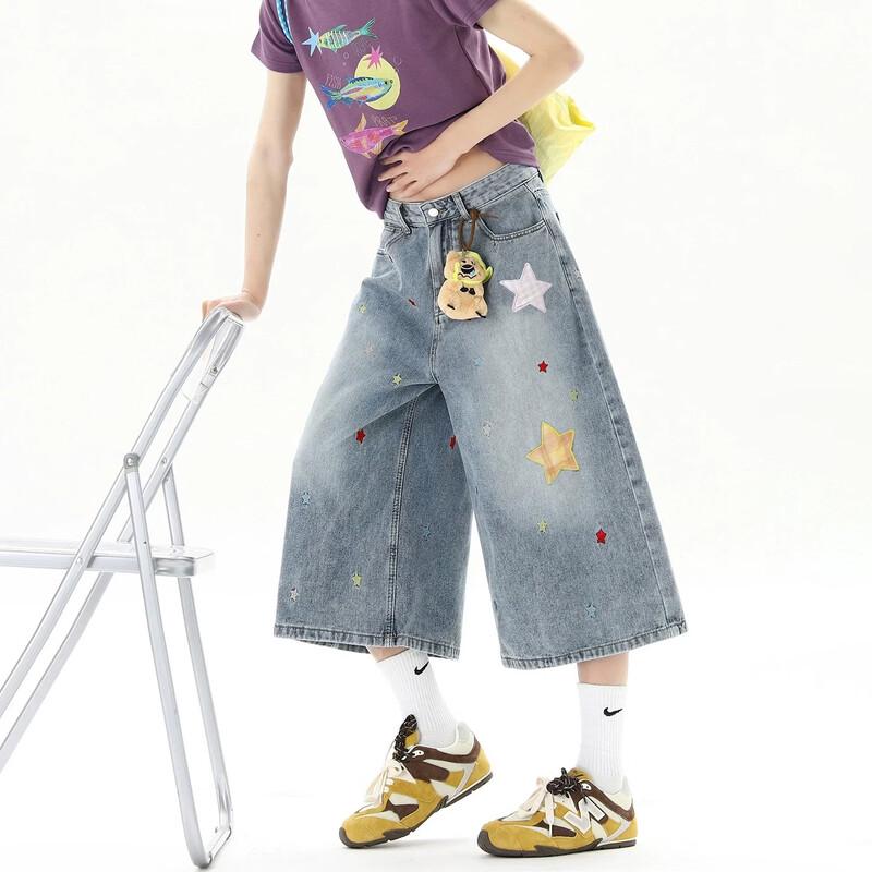 BWKA Star Patch Loose Denim Capri Pants M синий