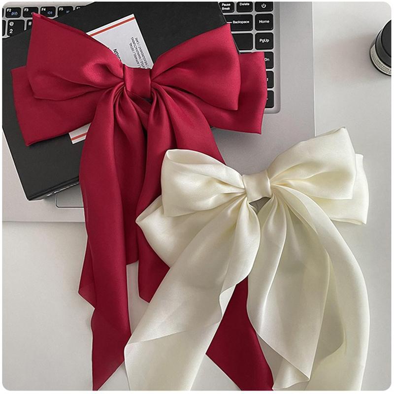 2Pcs Women Girls Oversized Black Red Long Ribbon Material Bowknot Silk Satin Hair Clip Suitable For Daily Wear Hair Accessories