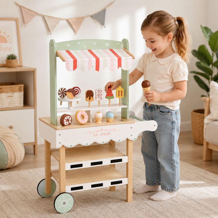 Wooden Ice Cream Stand - GINGER HOME - Decorative Awning - Shelves &; Wheels - Pastel Tones, MDF 44/57x28x95.5 Cm